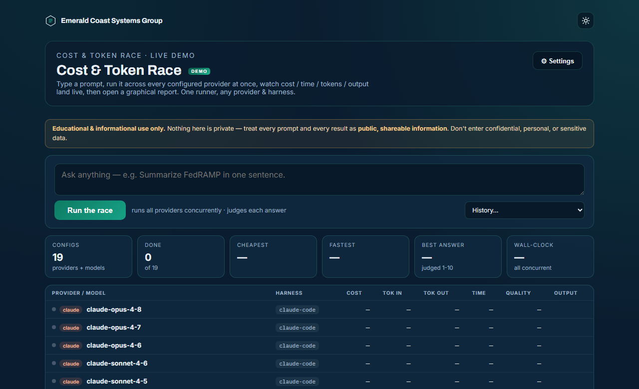 Screenshot of the Cost and Token Race model comparison interface