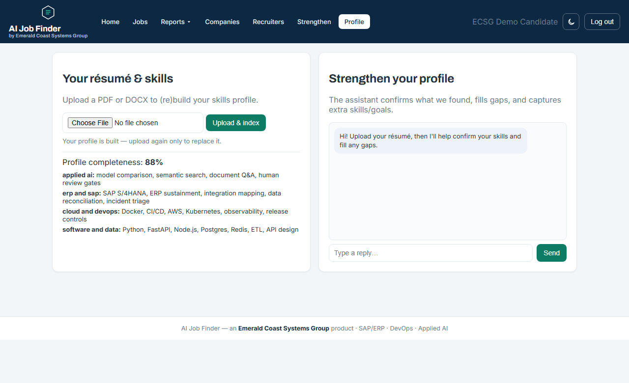 Screenshot of the AI Job Finder profile and skills interface