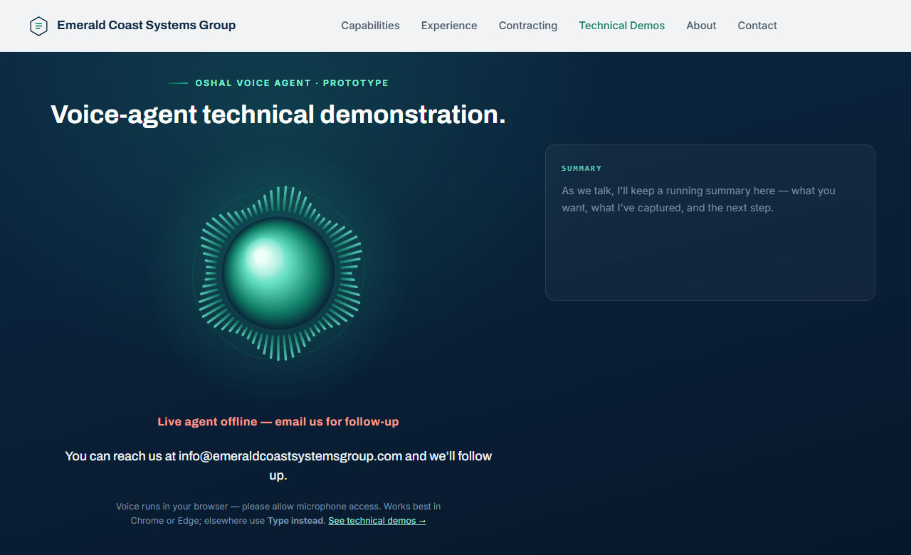 Screenshot of the OSHAL voice agent technical demonstration