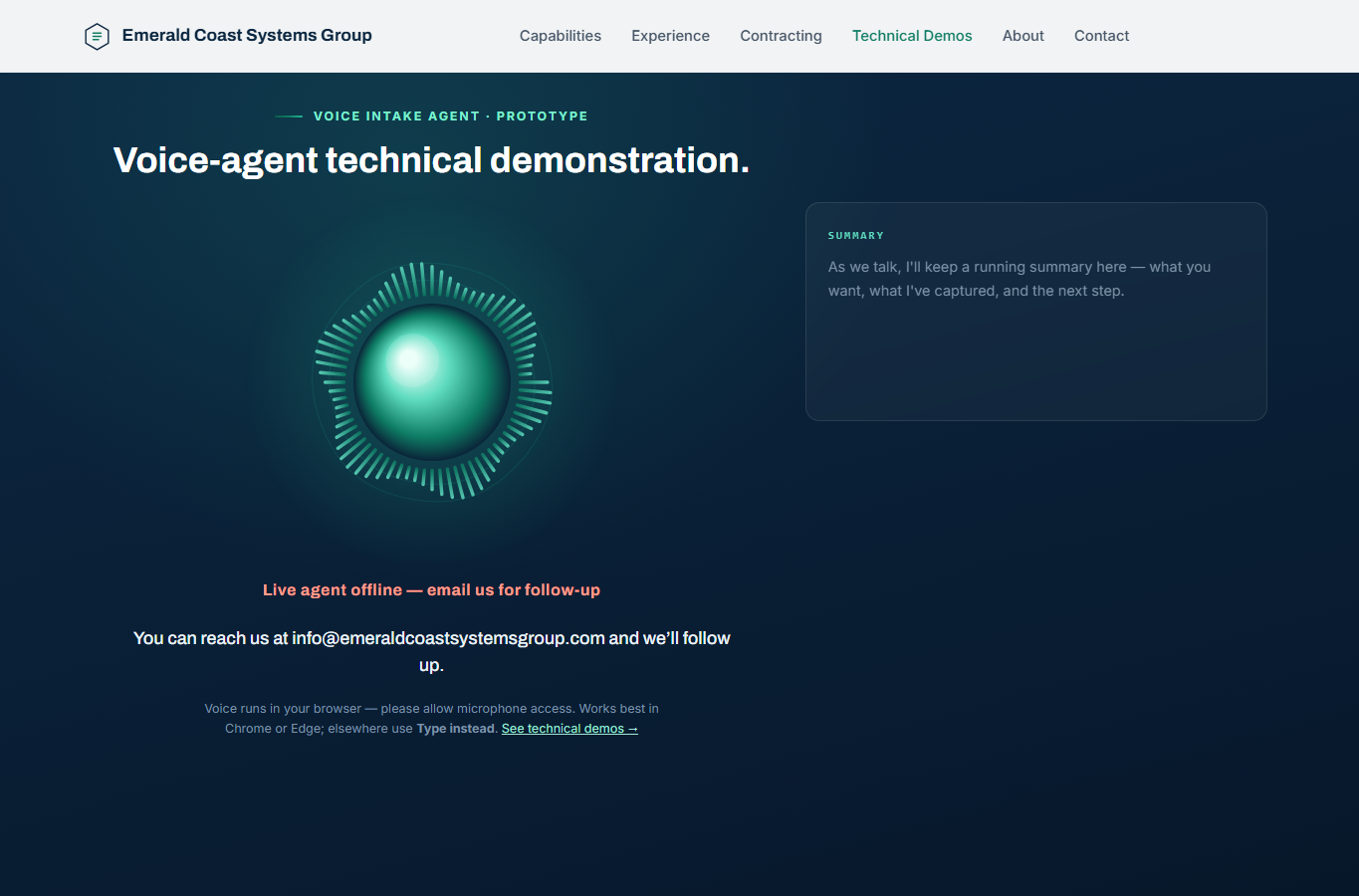 Screenshot of the voice intake workflow technical demonstration